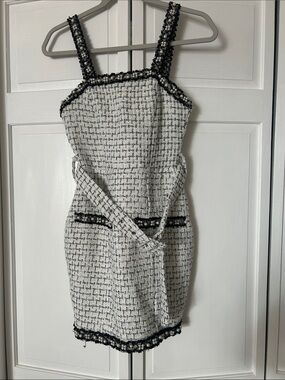 White & Black Tweed Strap Dress with Pearl Trim